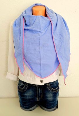 Italy XXL Dreieckstuch Schal Tuch Musselin 100% Baumwolle bunter Rand Hellblau