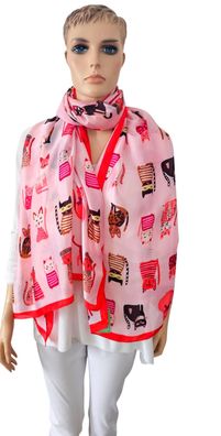 XL Schal Halstuch Tuch Scarf 100 % Viskose bunter Katzenprint roter Rand Rosa