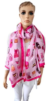 XL Schal Halstuch Tuch Scarf 100 % Viskose bunter Katzenprint pinker Rand Flieder