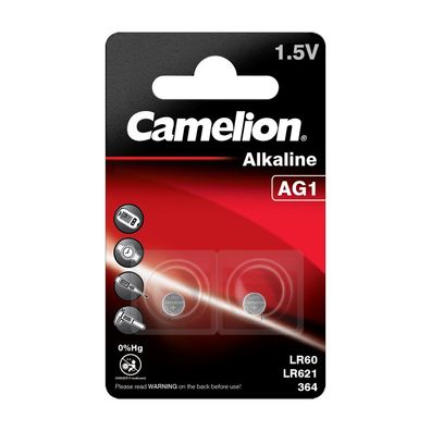 1x 2er Blister Camelion Knopfzellen Uhren-Batterien AG1 Alkaline 0% HG