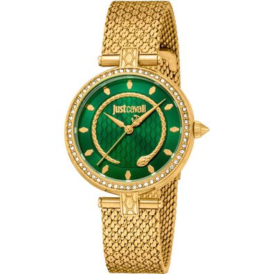 Elegante Uhr Just Cavalli mit grénem Zifferblatt und goldenem Edelstahlarmband