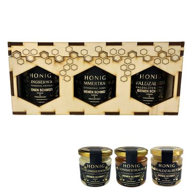3er Holzgeschenkset mit 250g Honiggläsern in 3 Sorten inkl. Gravur "BIENEN Schmidt"