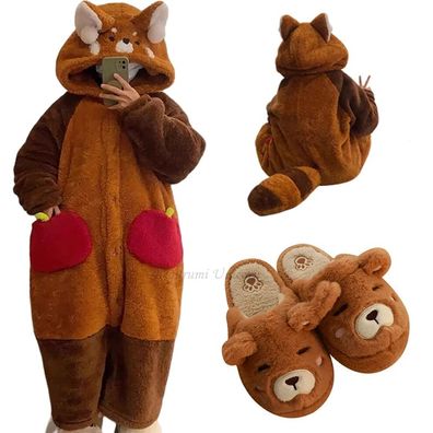 Waschbar Kigurumi Onesie Damen Tier Cosplay Pyjamas Plusch Winter Nachtwasche