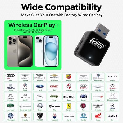 2025 MMB Mini Wireless Apple CarPlay Adapter, BT 5.2, Plug & Play for OEM Wired Cars