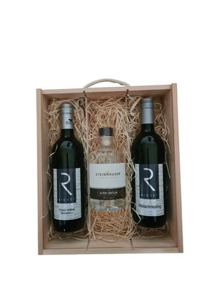 Holzbox mit Steinhauser Bodensee Alter Obstler und 2x Wein