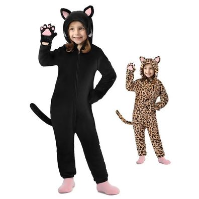Schwarze Katze Leopard Onesie Kinder Tier Cosplay Pyjamas Plusch Halloween