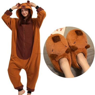 Capybara Onesie Erwachsene Kinder Tier Cosplay Pyjamas Plusch Winter Karneval Slipper