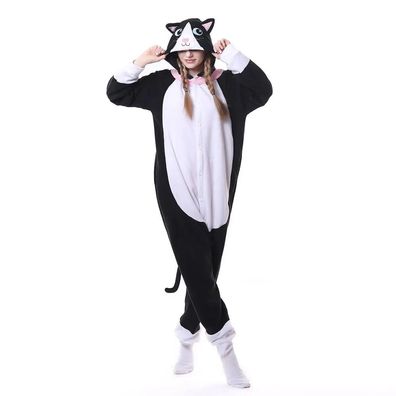 Schwarze Katze Onesie Erwachsene Damen Tier Cosplay Pyjamas Plusch Winter Halloween