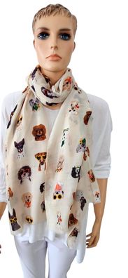 XXL Schal Halstuch Tuch Viskose/Baumwolle bunte Hunde kurze Fransen helles Beige
