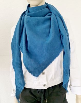 Italy Blogger XXL Dreieckstuch Schal Tuch Musselin 100% Baumwolle Fransen Jeansblau