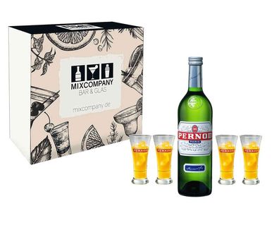 Pernod Geschenkset - Pernod 0,7l 700ml (40% Vol) + 4x Gläser 2cl geeicht