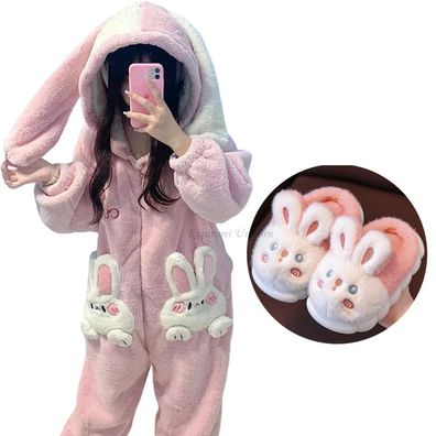 Hase Kigurumi Onesie Damen Tier Cosplay Pyjamas Plusch Winter Kapuze Kawaii
