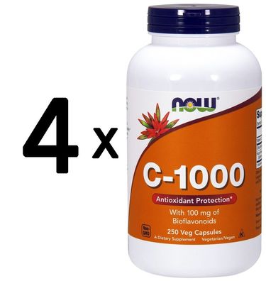 4 x NOW Foods Vitamin C-1000 with 100mg Bioflavonids - 250 vcaps
