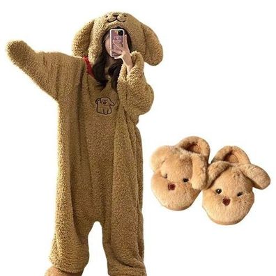 Brauner Hund Kigurumi Onesie Erwachsene Tier Cosplay Pyjamas Plusch Kapuze