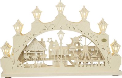 3D-Lichterbogen Wechselmotiv "Winterfreuden in der Stadt",7-flammig 52x32x4,5cm