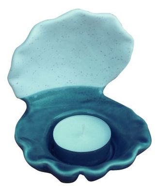 Teelicht Muschel, blau, weissSteingut , 9x10,5x10,5 cm