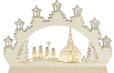 Schwibbogen Seiffener Kirche mit Kurrende LED natur BxHxT 23,5x16x3cm NEU Lich