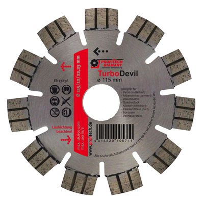 Diamanttrennscheibe D 115 x 22,2 Turbo Devil, Kurzzahn