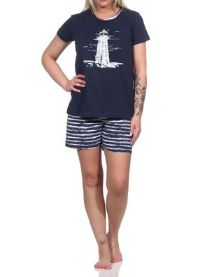 Damen kurzarm Shorty Pyjama mit Leuchtturm-Motiv - maritim - 122 205 10 756