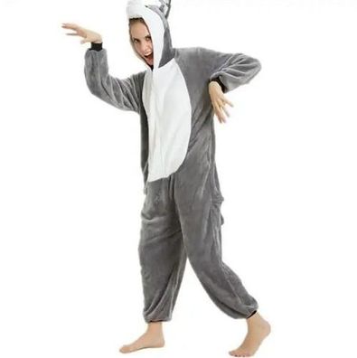 Grauer Husky Hund Kigurumi Onesie Erwachsene Tier Cosplay Pyjamas Plusch Flanell