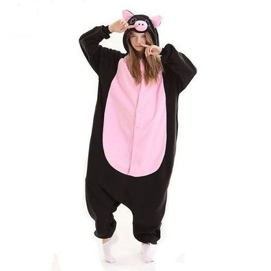 Schwarz Rosa Schwein Kigurumi Onesie Erwachsene Tier Cosplay Pyjamas Plusch Warm