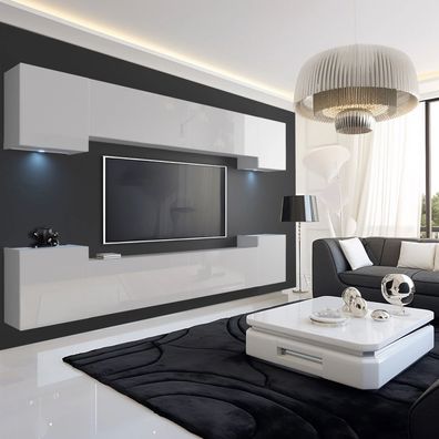 Wohnwand 4 W/B-A mit LED Beleuchtung, Ohne Griffe. Breite 300 cm, Front Farbe wählbar
