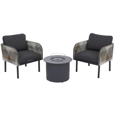 Poly-Rattan Garnitur HWC-P80, Balkon-Set Stuhl Tisch, Bioethanol-Fire-Pit Alu Stoff