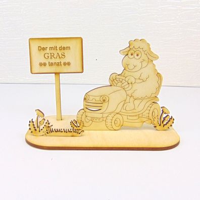 Geldgeschenk Schaf auf Rasentraktor, Aufsitzrasenmäher, Geschenkidee aus Holz