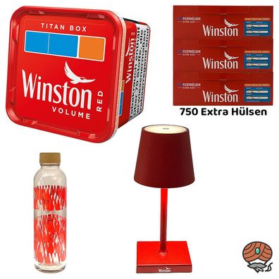Winston Red/Rot Volumentabak Titan Box 260g Extra Hülsen, Tischlampe, Glasflasche