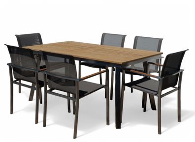 Gartengarnitur Edelstahl Teak Set: Tisch 160x90cm + 6 Sessel braun Teak A-Grade