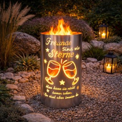 TiKo-Design® Feuertonne „Freunde sind wie Sterne“ - Stilvolle Feuerstelle für Garten