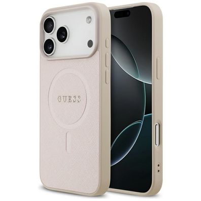 Hülle iPhone 17 Pro Max Guess Kunstleder geprägt rosa Logo goldfarbig MagSafe