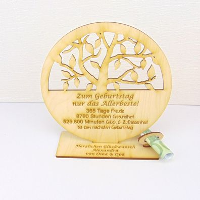 Geburtstag Geschenkidee Lebensbaum mit Namensgravur Geldgeschenk Tischdekoration