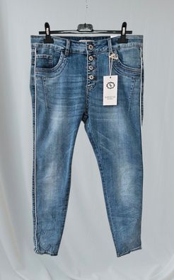 Karostar Jeans Stretch Hose Knöpfe Taschen weißer Seitenstreifen Jeansblau Gr. L/40