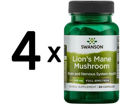 4 x Swanson Full Spectrum Lion's Mane Mushroom, 500mg - 60 caps