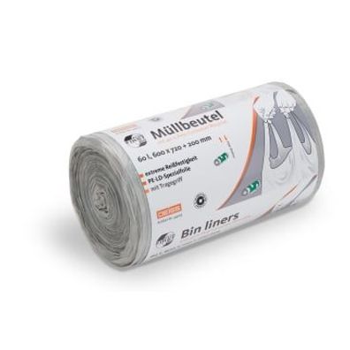 FIRST PLUS pcr - CO?-KOMPENSIERT Müllbeutel, LDPE, 60L, 600x720mm, grau, mit Umweltze