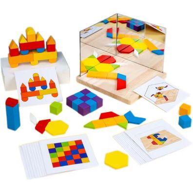 Symmetrie Spiel aus Holz mit Spiegel - mit flachen Bausteinen & Karten