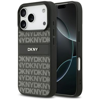 Hülle iPhone 17 Pro DKNY Kunstleder schwarz Logo Metall silber