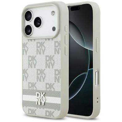 Hülle iPhone 17 Pro DKNY Kunstleder beige Logo Metall silber