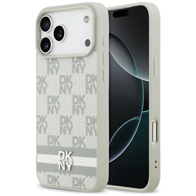 Hülle iPhone 17 Pro Max DKNY Kunstleder beige Logo Metall silber