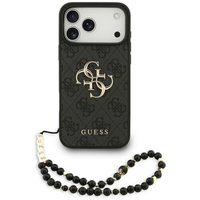 Hülle Case iPhone 17 Pro Max Guess Kunstleder grau Big Logo goldfarbig Kette