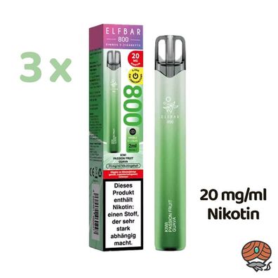 ELFBAR E-Shisha KIWI Passion FRUIT * 20mg/ml Nikotin* 800 Züge, 3x E-Zigaretten