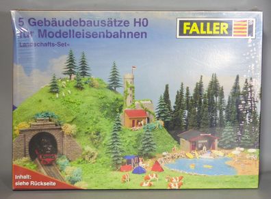 Faller H0 Landschafts-Set Gebäude Burgruine Kiosk Camping Zelte Bootsverleih Bäume