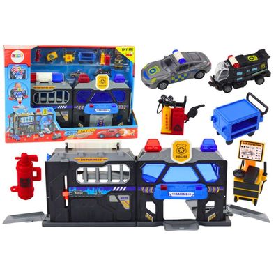 Set aus erweiterbaren Garagenschienen im Koffer, Polizeilichtern und -geräuschen