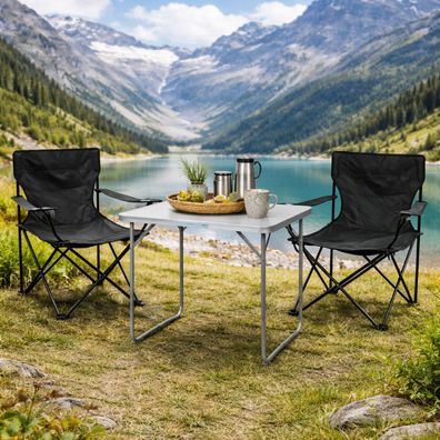 3-tlg. Schwarz Campingmöbel Set, XL Tisch mit Tragegriff und Stühle mit Tasche