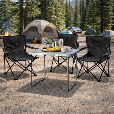 4-tlg. Schwarz Campingmöbel Set, XL Tisch mit Tragegriff und Stühle mit Tasche