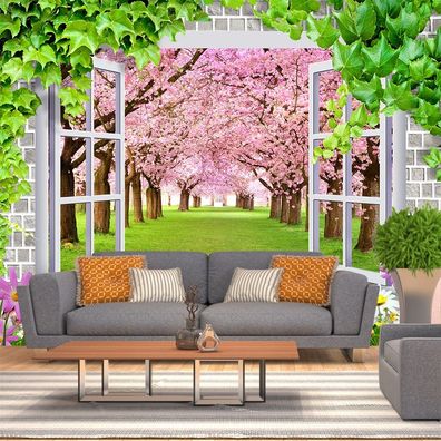 Vlies Fototapete Wandtapete Wandbilder 3D Fenster Grünen Kirschblütenbaums 2265