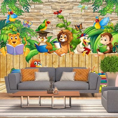 Vlies Fototapete Wandtapete Wandbilder Cartoon Kinder 3D Süße Tier Holz 2268