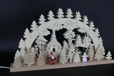 Schwibbogen mit Weihnachtsmann Schneemann Seiffener Kirche und Beleuchtung BxHxT
