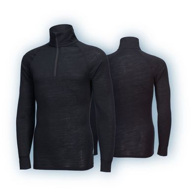 Merinowolle Base Layer Shirt 1/4Zip Unisex Funktionsshirt geruchshemmend Schwarz